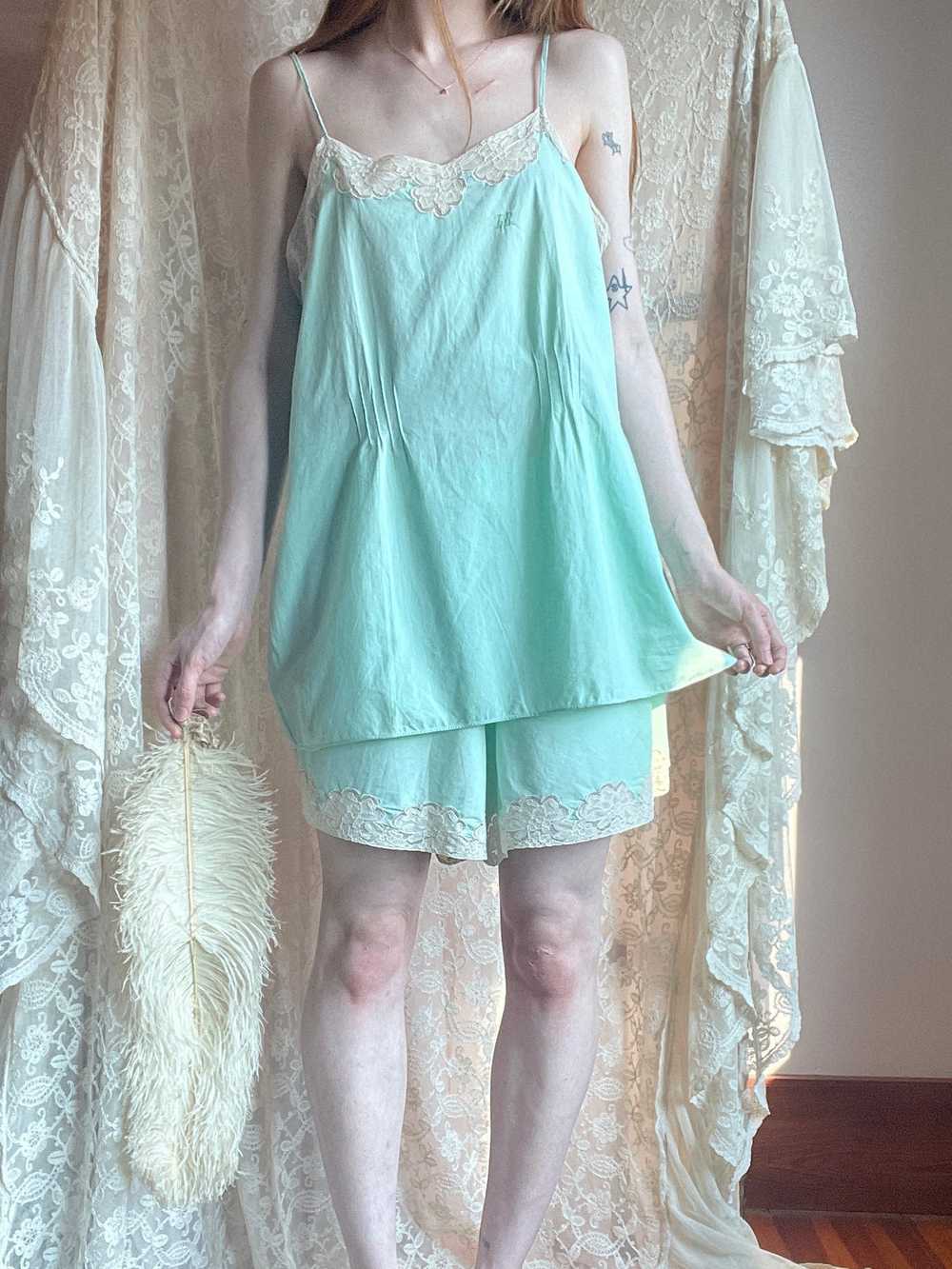 1930s Cotton Mint Green Top and Shorts Set Monogr… - image 11