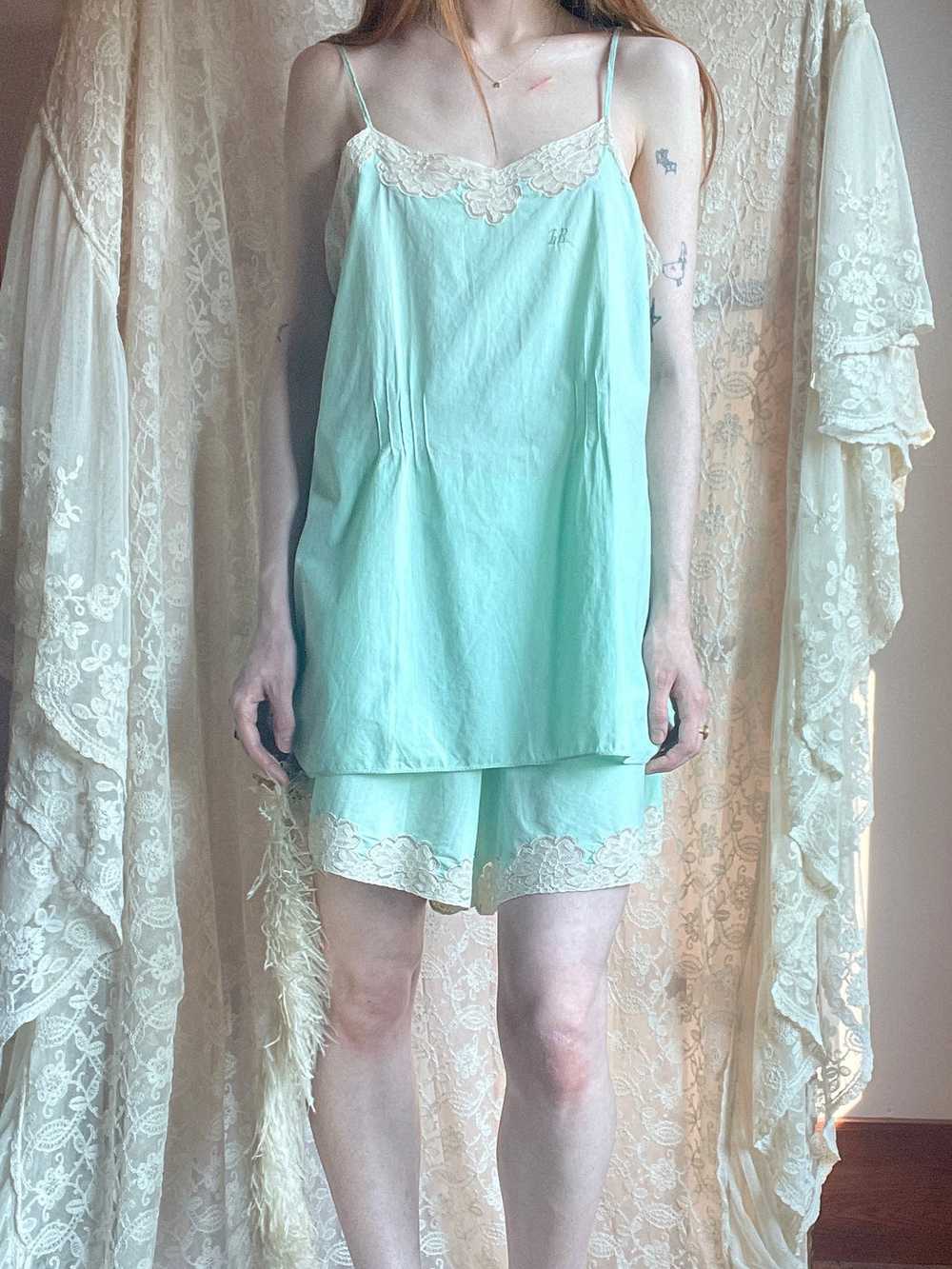 1930s Cotton Mint Green Top and Shorts Set Monogr… - image 12