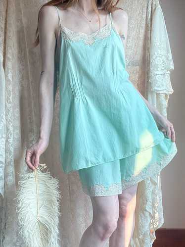 1930s Cotton Mint Green Top and Shorts Set Monogr… - image 1