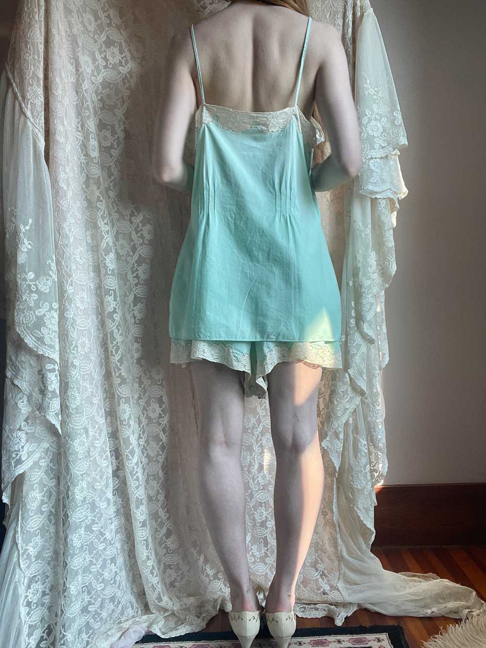 1930s Cotton Mint Green Top and Shorts Set Monogr… - image 5