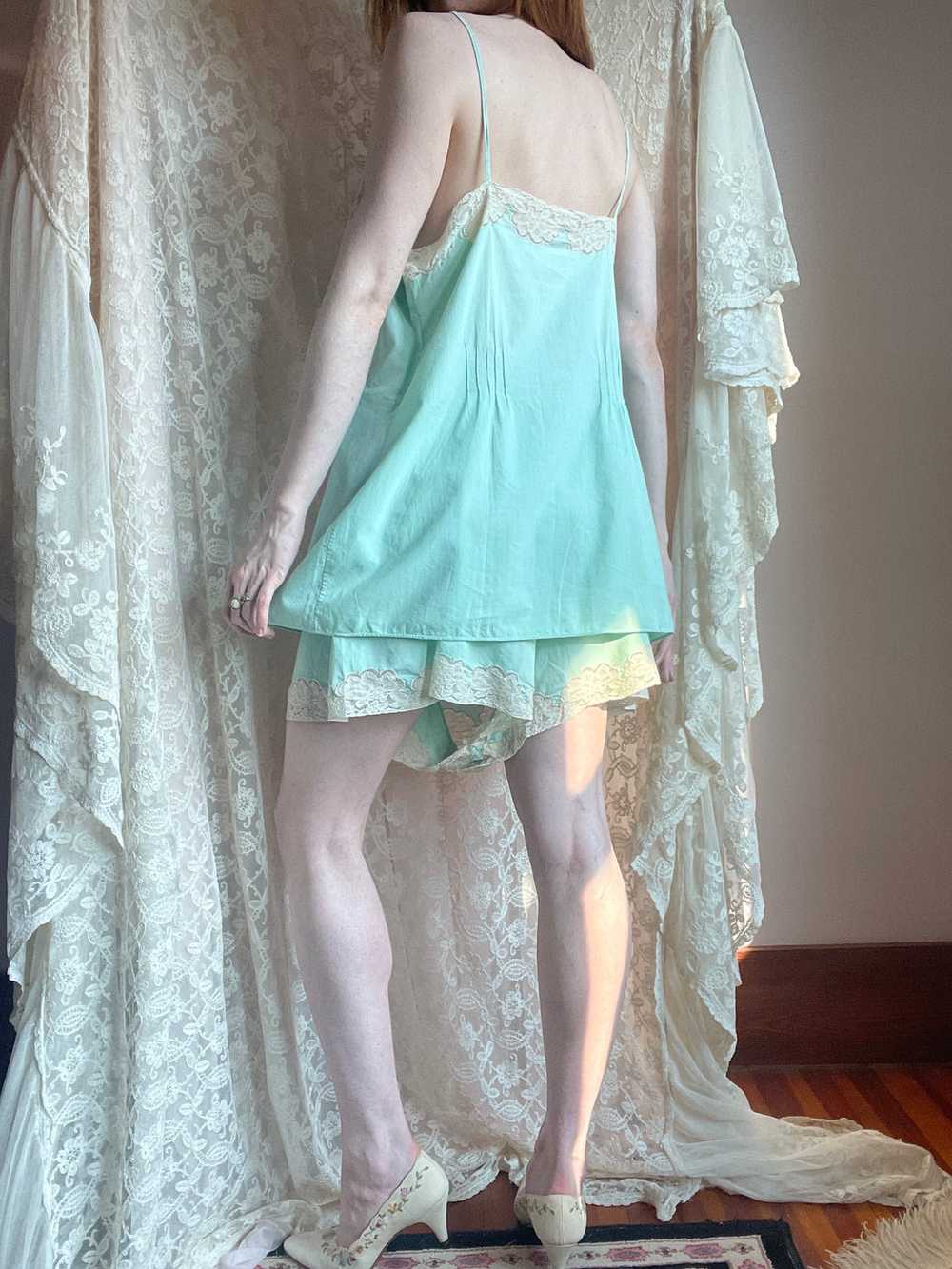 1930s Cotton Mint Green Top and Shorts Set Monogr… - image 6