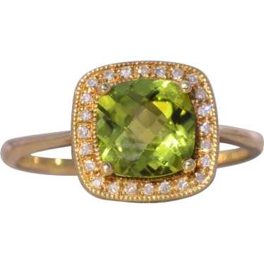 Checkerboard Peridot and Natural Diamond Halo Ring