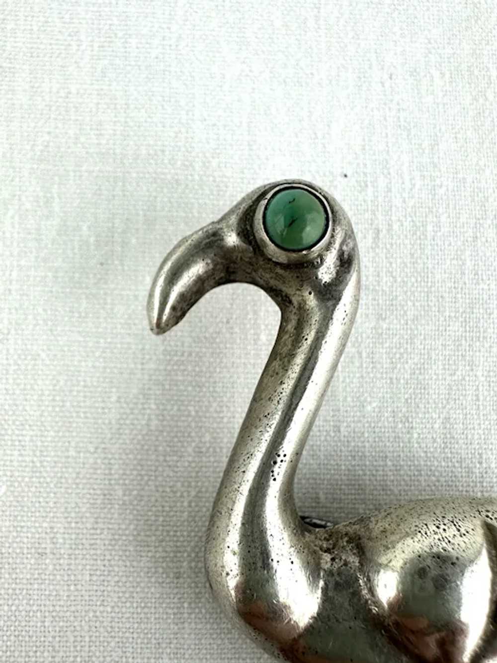 Early Mexican Silver Flamingo Pin with a Turquois… - image 2