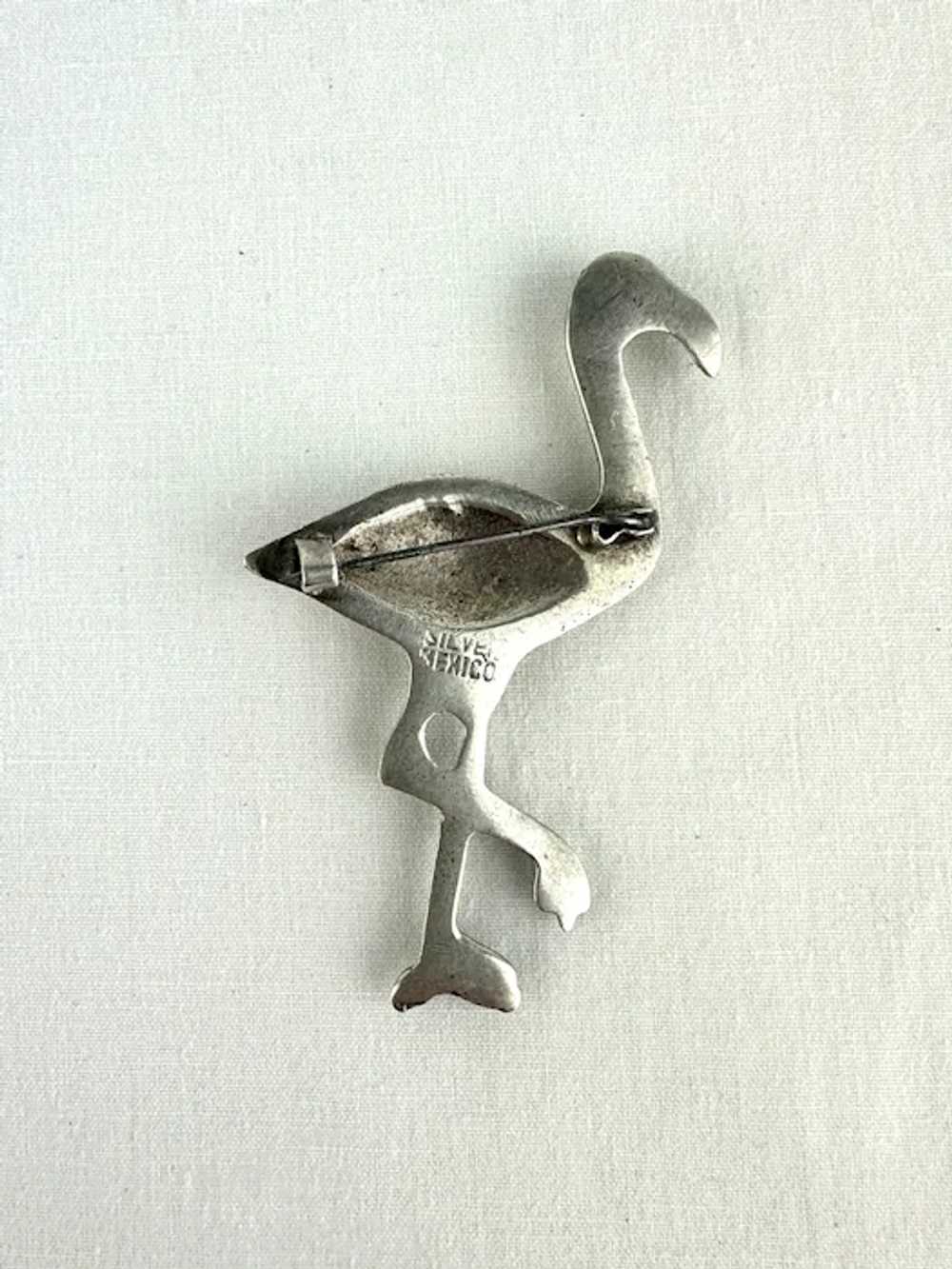 Early Mexican Silver Flamingo Pin with a Turquois… - image 5