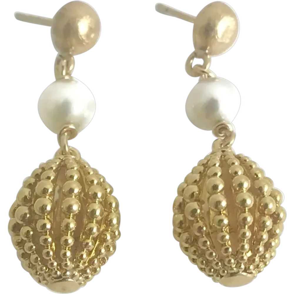 Vintage Cultured Pearl Dangle Drop Earrings 18K a… - image 1