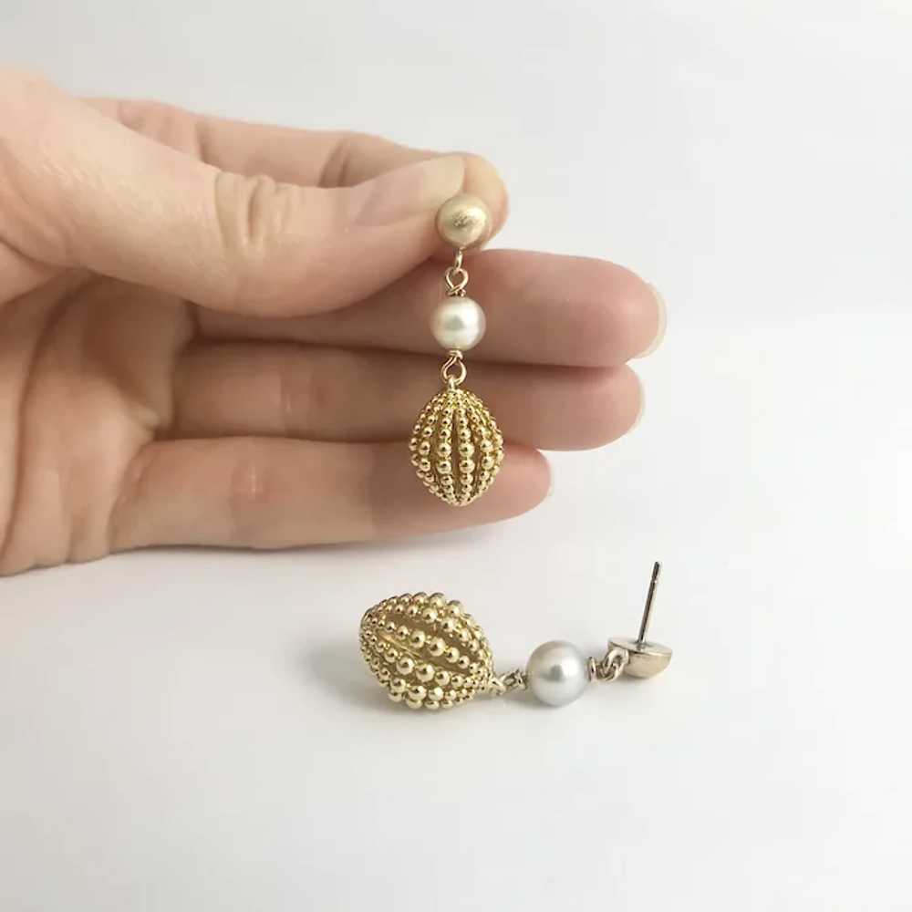 Vintage Cultured Pearl Dangle Drop Earrings 18K a… - image 2