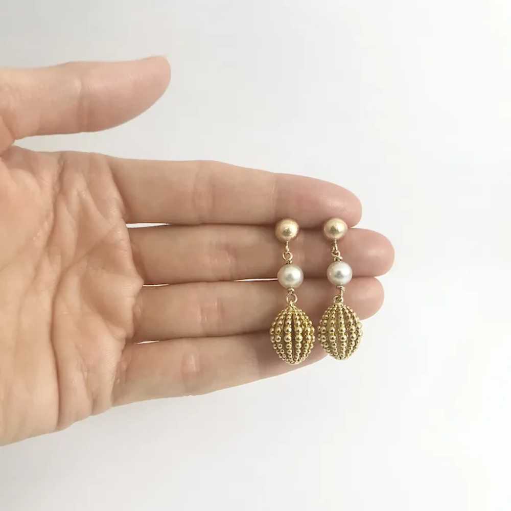 Vintage Cultured Pearl Dangle Drop Earrings 18K a… - image 3