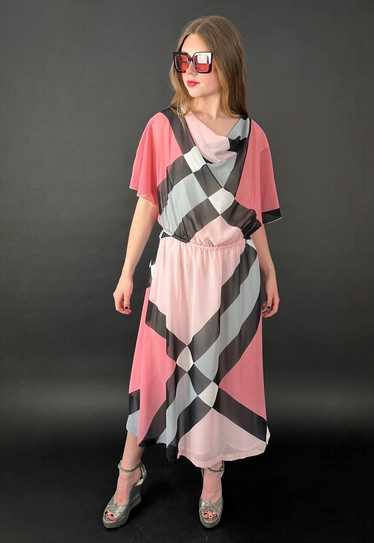 80's Vintage Ina Pink Black Cowl Neck Sheer Midi … - image 1