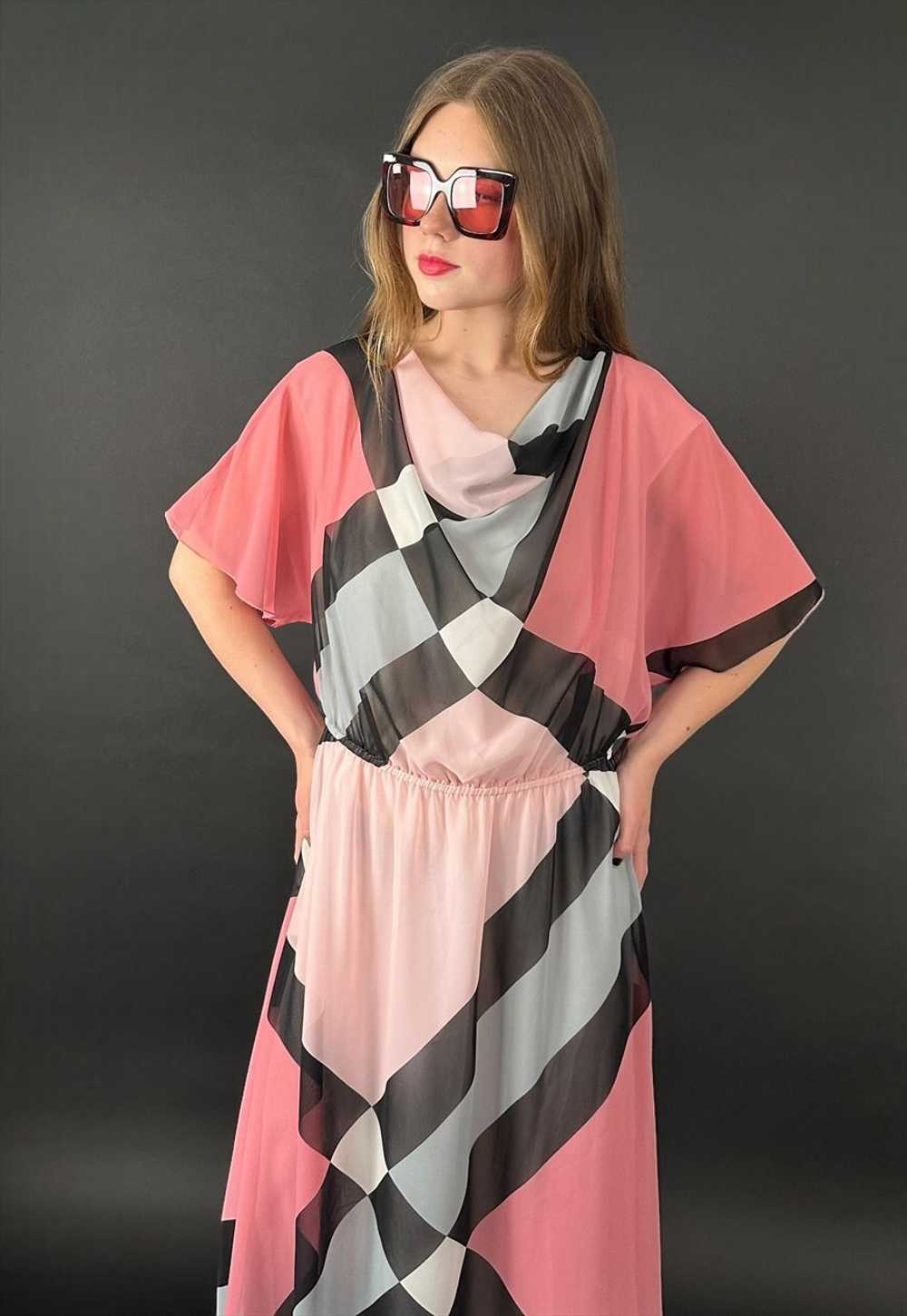 80's Vintage Ina Pink Black Cowl Neck Sheer Midi … - image 2