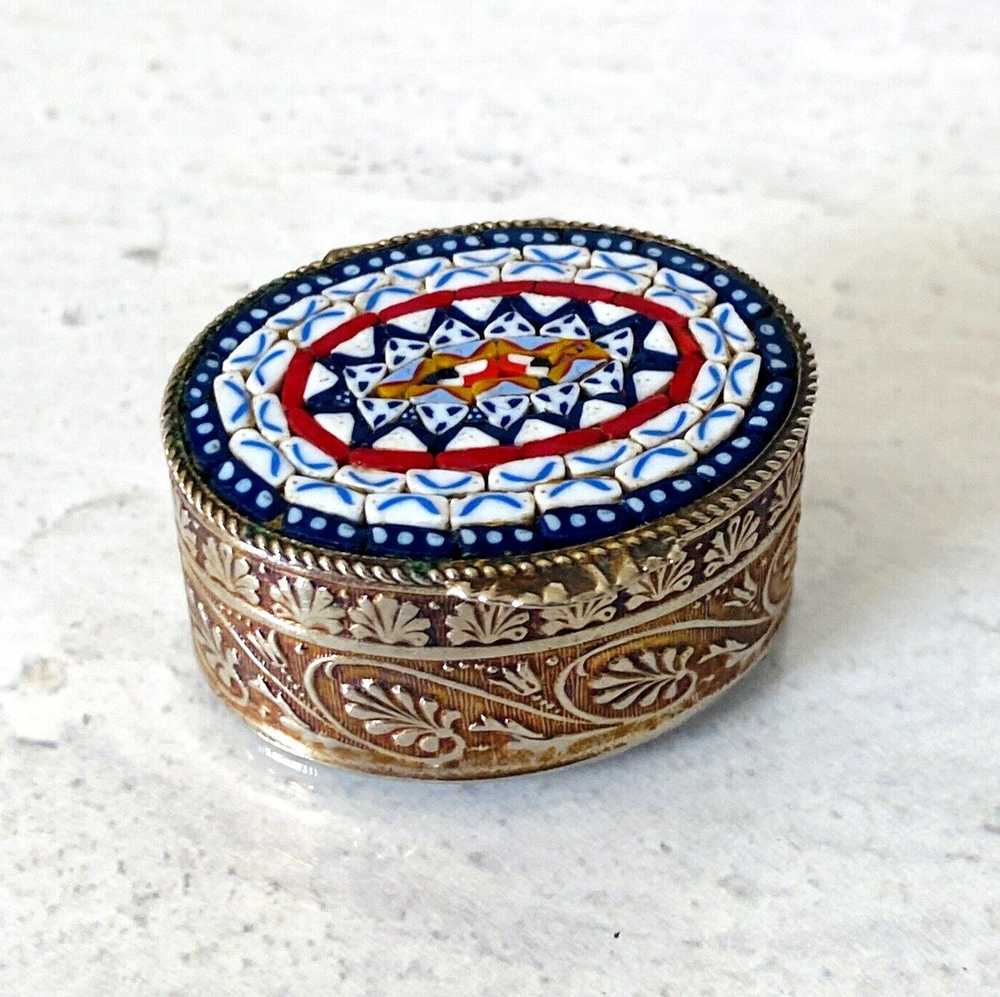 Vintage Micro Mosaic Pill Box Italy Oval Engraved… - image 1