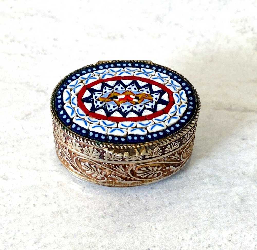 Vintage Micro Mosaic Pill Box Italy Oval Engraved… - image 2