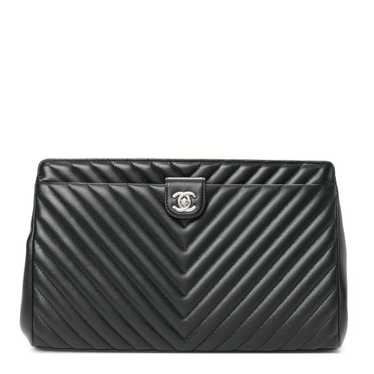 CHANEL Caviar Chevron Quilted Framed Clutch Black