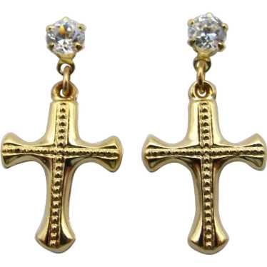 CZ with a Cross Dangle 14k Yellow Gold earrings