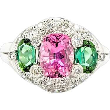 Pink & Green Tourmaline Ring With Diamonds In Pla… - image 1