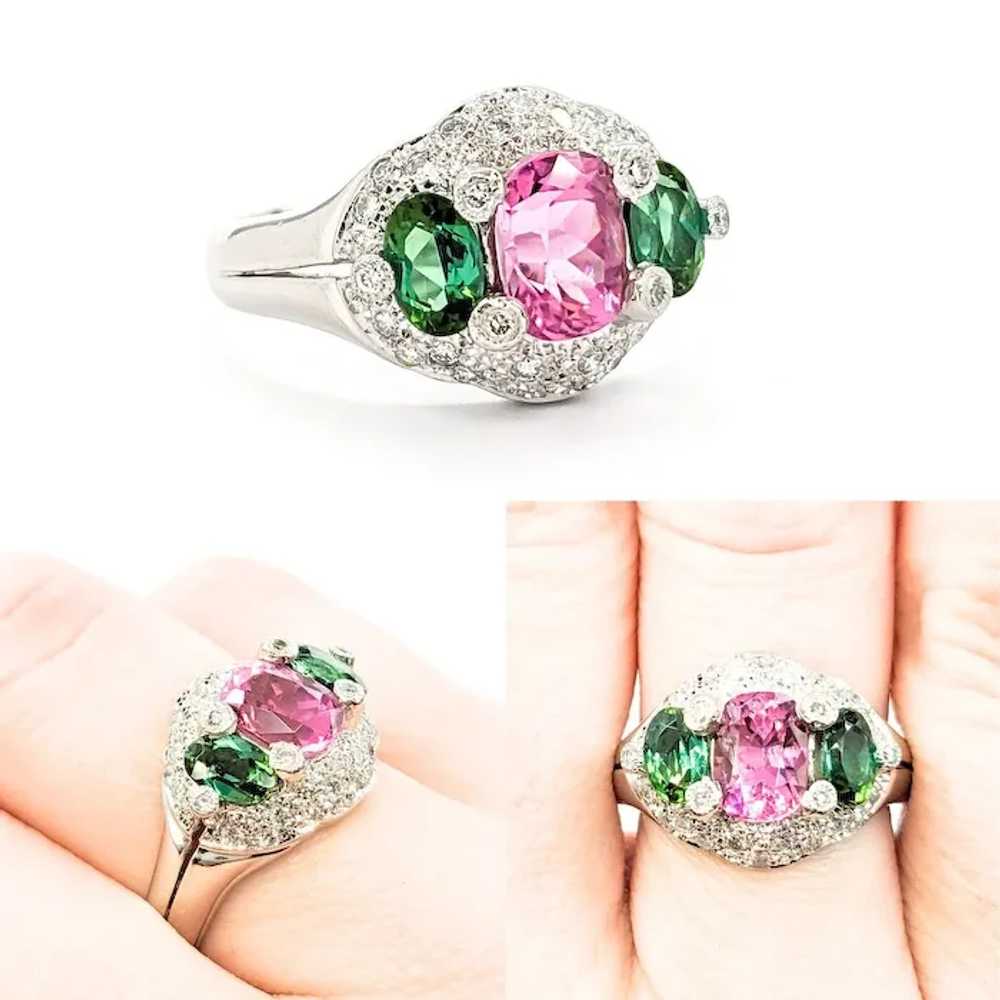 Pink & Green Tourmaline Ring With Diamonds In Pla… - image 2