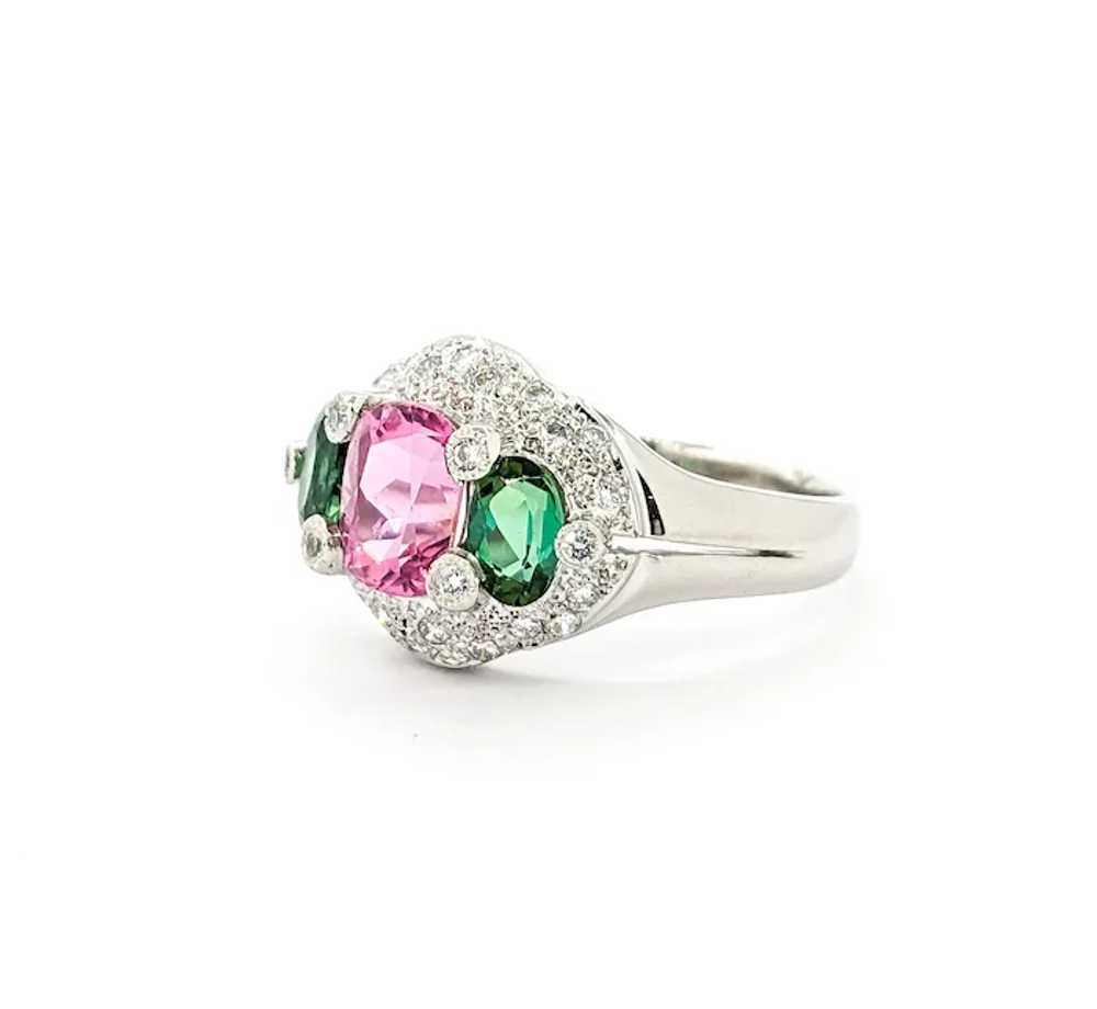 Pink & Green Tourmaline Ring With Diamonds In Pla… - image 3