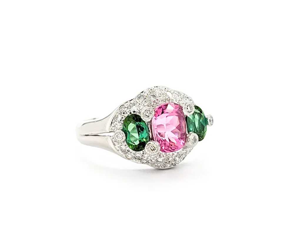 Pink & Green Tourmaline Ring With Diamonds In Pla… - image 4