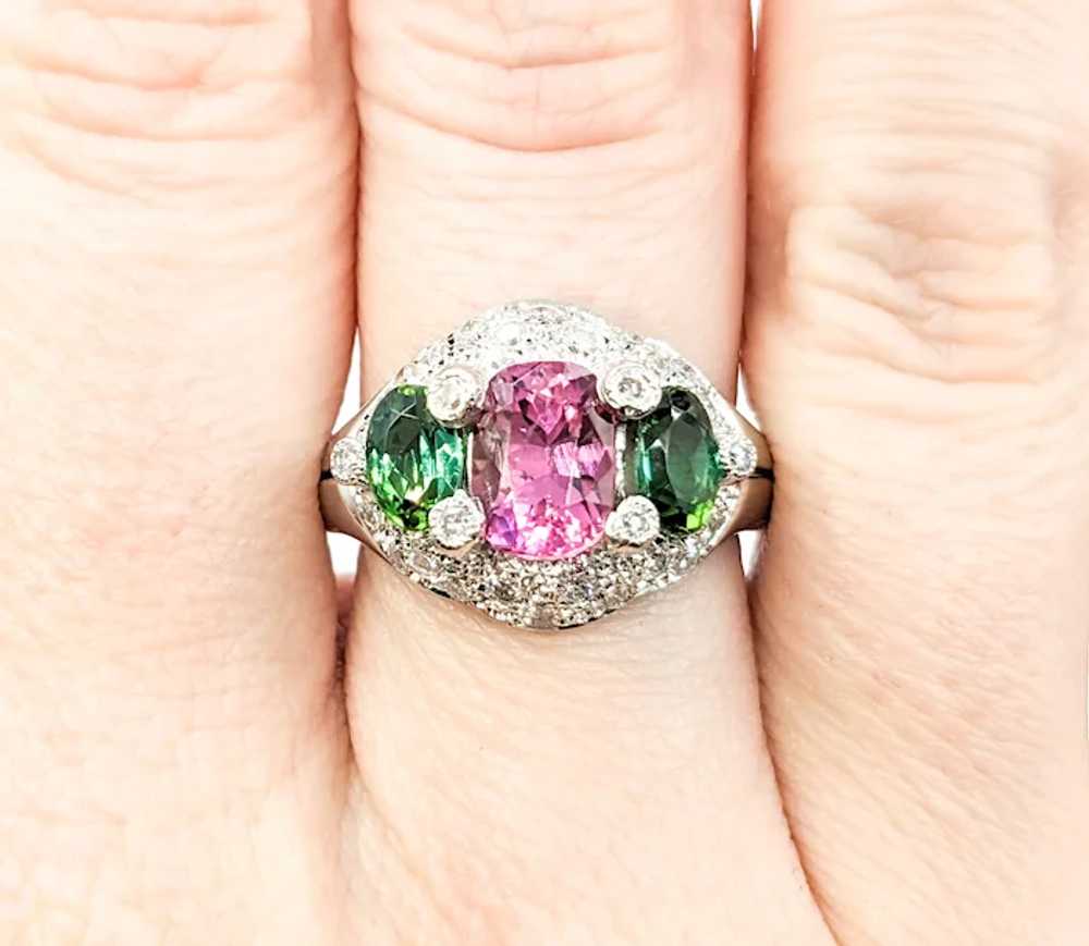 Pink & Green Tourmaline Ring With Diamonds In Pla… - image 7