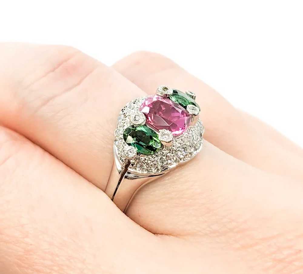 Pink & Green Tourmaline Ring With Diamonds In Pla… - image 8