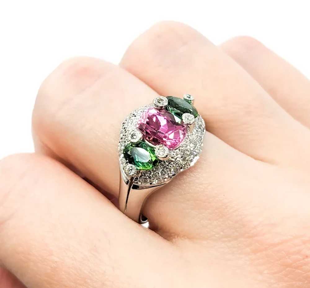 Pink & Green Tourmaline Ring With Diamonds In Pla… - image 9