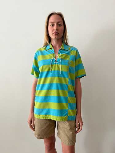 50s Lace-Up Green & Blue Striped Beach Shirt