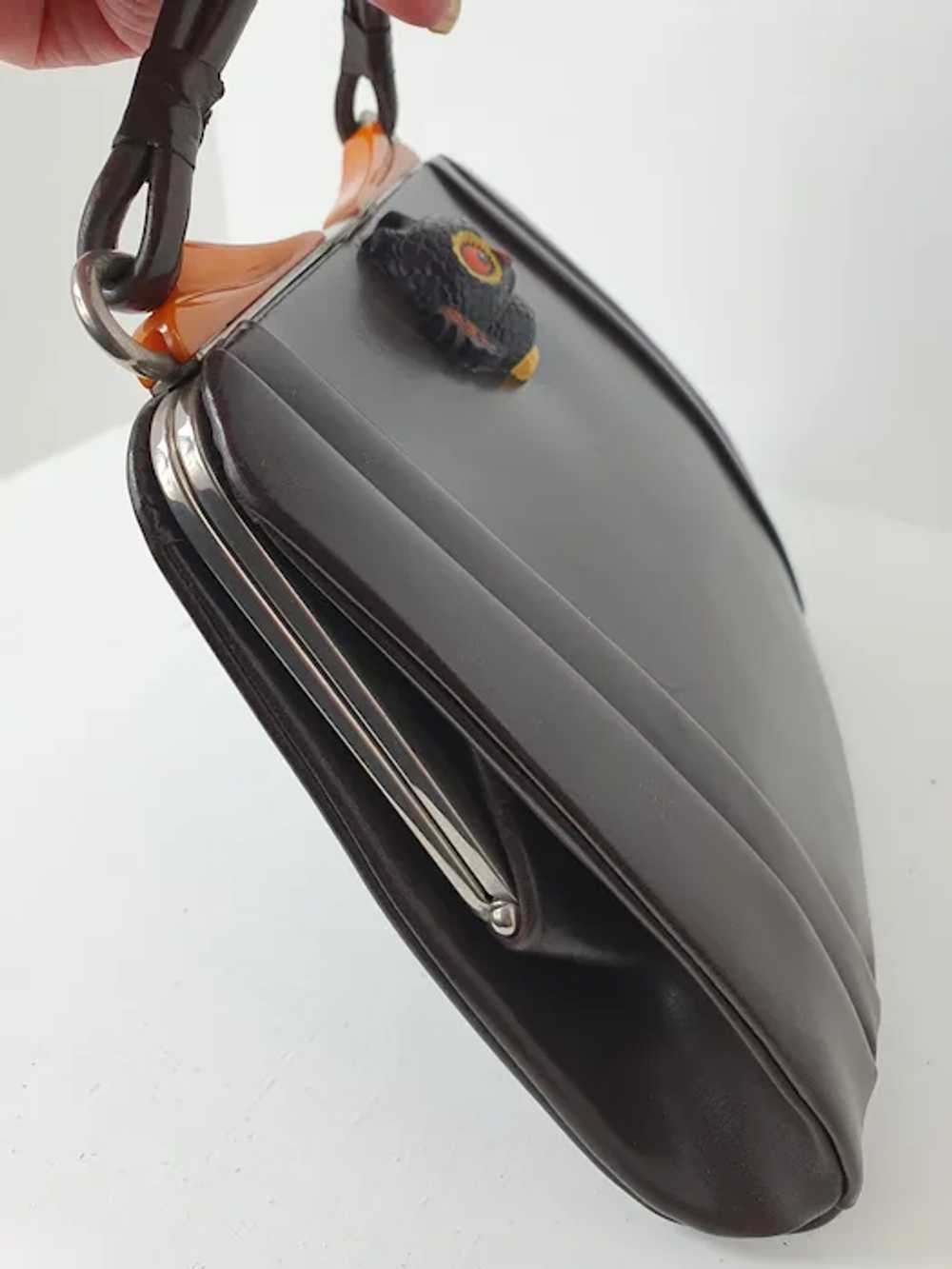 Art deco 1930’s brown leather handbag with Bakeli… - image 11