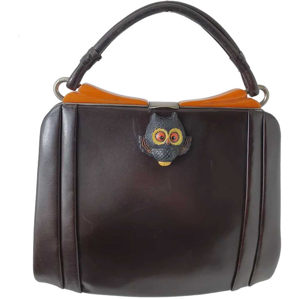 Art deco 1930’s brown leather handbag with Bakeli… - image 1