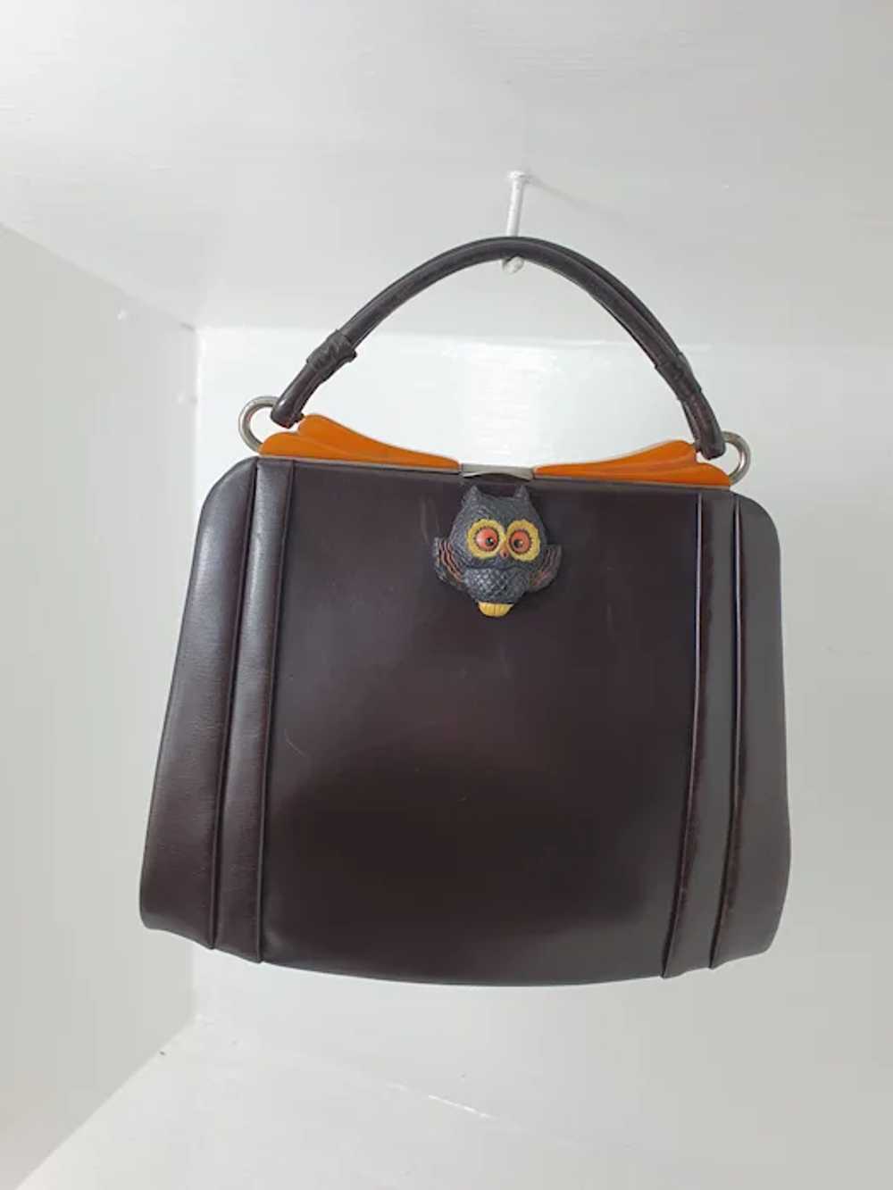 Art deco 1930’s brown leather handbag with Bakeli… - image 2