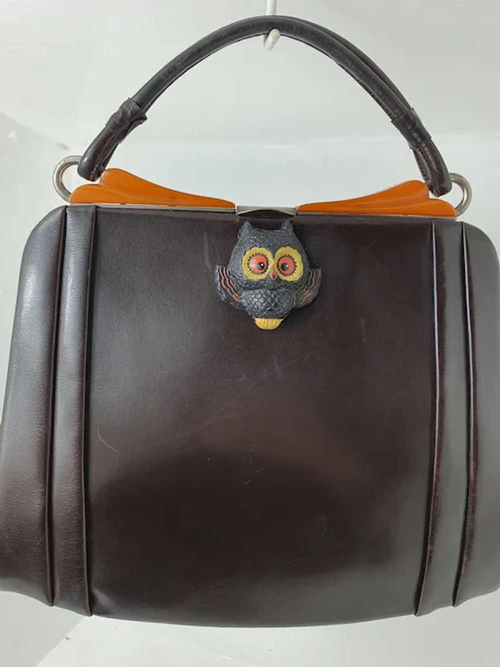 Art deco 1930’s brown leather handbag with Bakeli… - image 3