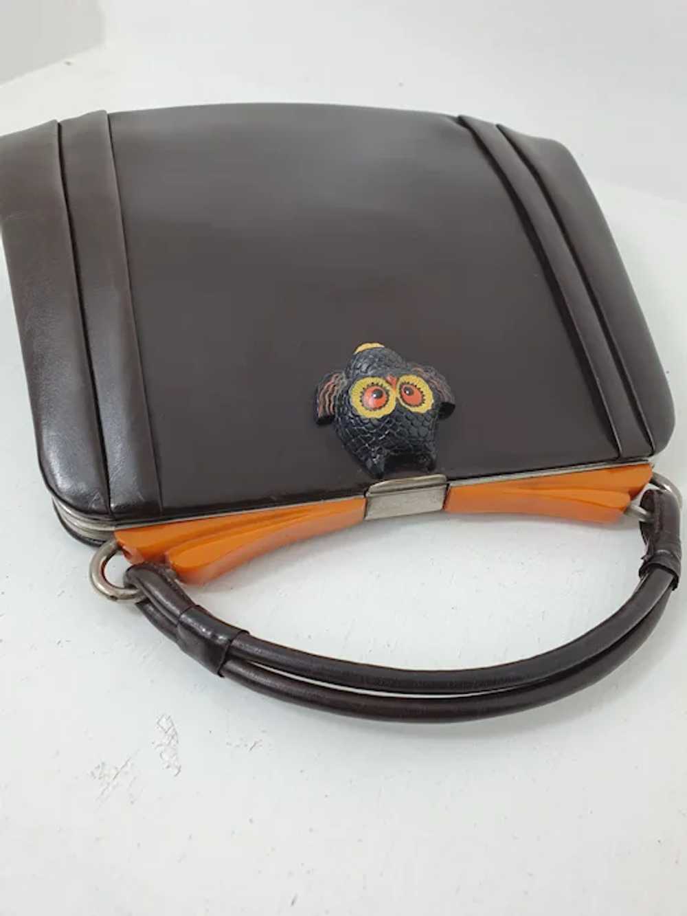 Art deco 1930’s brown leather handbag with Bakeli… - image 6