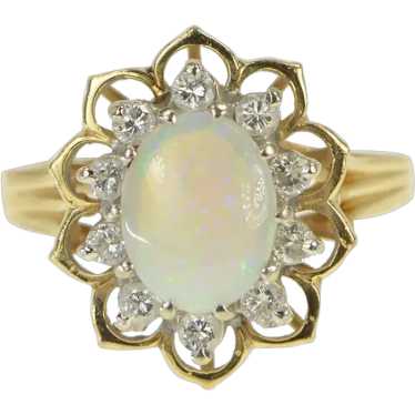 14K Oval Natural Opal Diamond Halo Cocktail Ring … - image 1