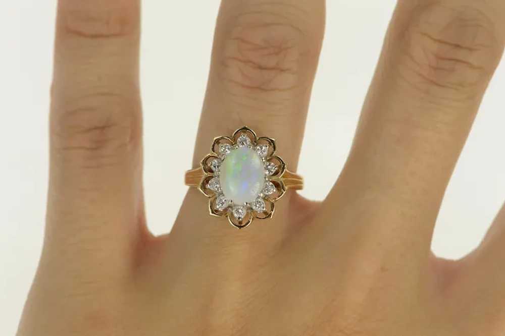 14K Oval Natural Opal Diamond Halo Cocktail Ring … - image 5