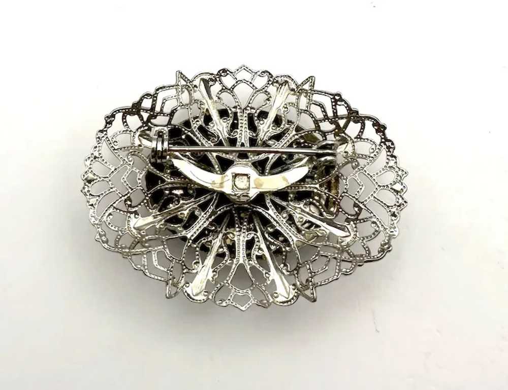 Oval Silvertone Filigree Brooch with Pretty Polis… - image 10