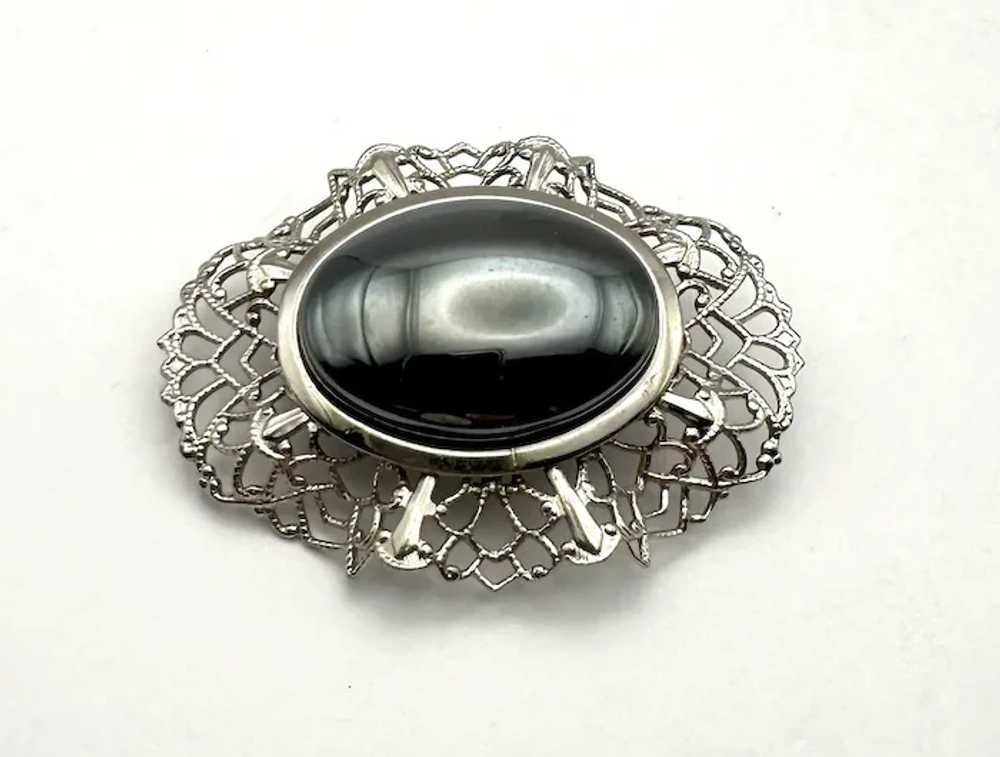 Oval Silvertone Filigree Brooch with Pretty Polis… - image 11