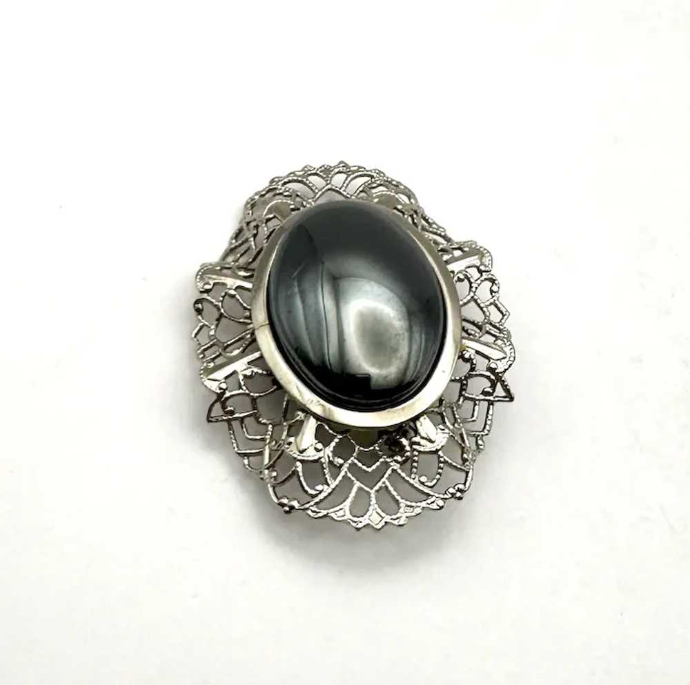 Oval Silvertone Filigree Brooch with Pretty Polis… - image 12