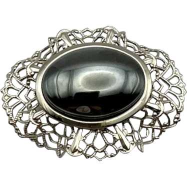 Oval Silvertone Filigree Brooch with Pretty Polis… - image 1