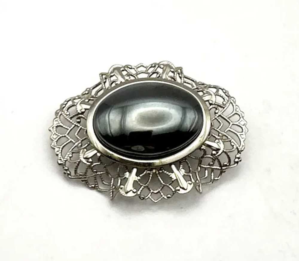 Oval Silvertone Filigree Brooch with Pretty Polis… - image 2