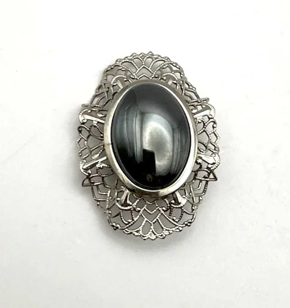 Oval Silvertone Filigree Brooch with Pretty Polis… - image 3