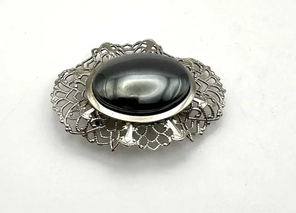 Oval Silvertone Filigree Brooch with Pretty Polis… - image 4