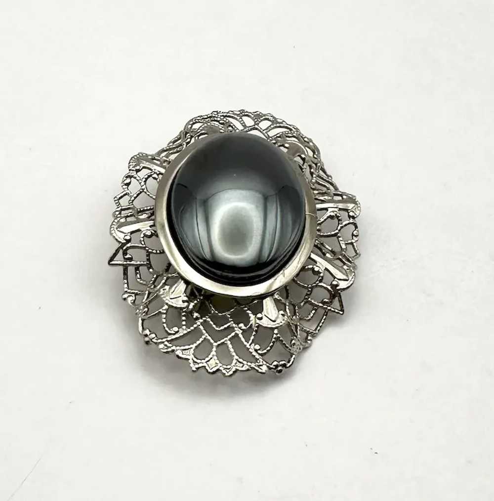 Oval Silvertone Filigree Brooch with Pretty Polis… - image 5