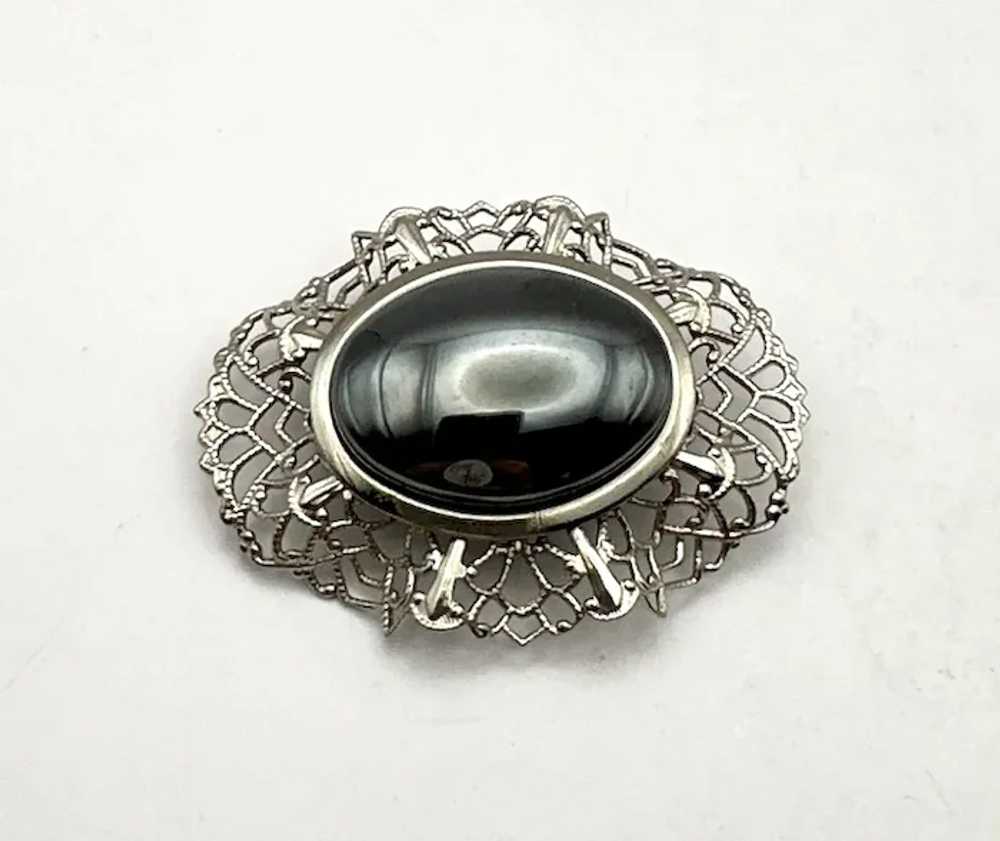 Oval Silvertone Filigree Brooch with Pretty Polis… - image 6