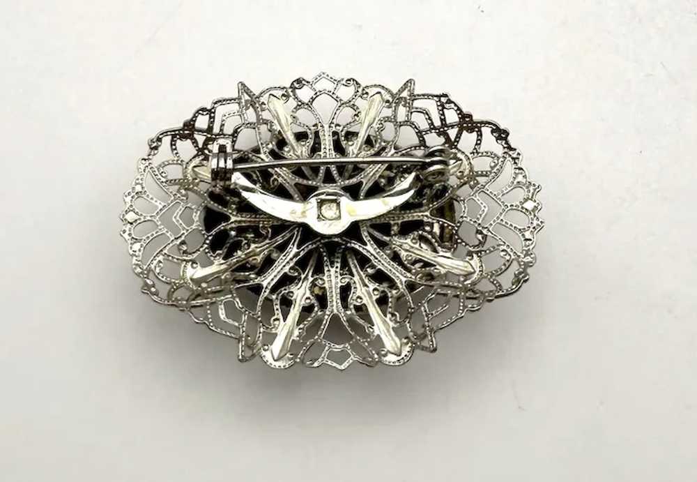 Oval Silvertone Filigree Brooch with Pretty Polis… - image 7