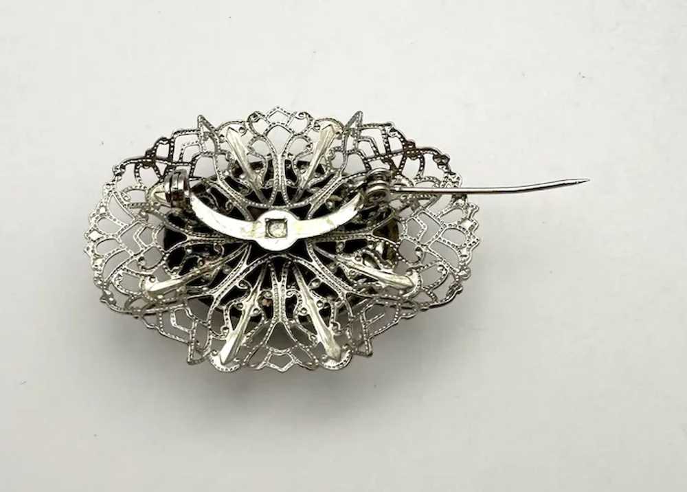 Oval Silvertone Filigree Brooch with Pretty Polis… - image 8