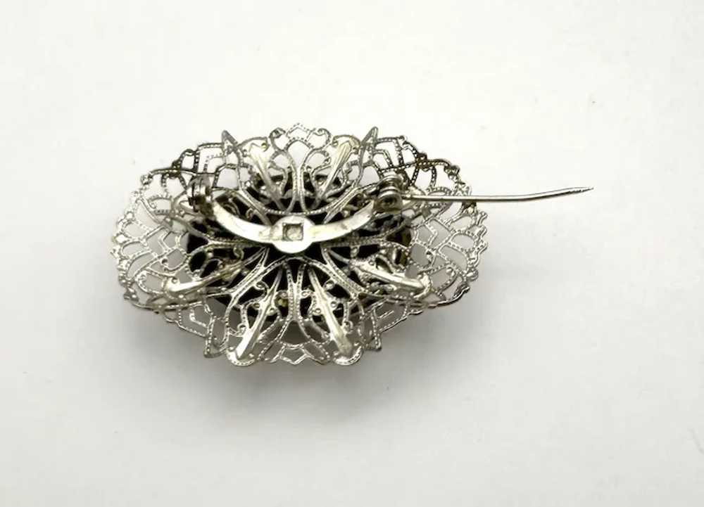 Oval Silvertone Filigree Brooch with Pretty Polis… - image 9