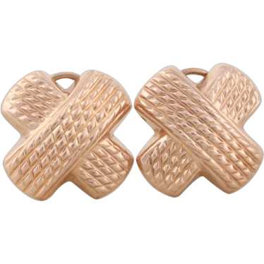 14k Rose Gold Textured X Earrings Stud Post Omega… - image 1