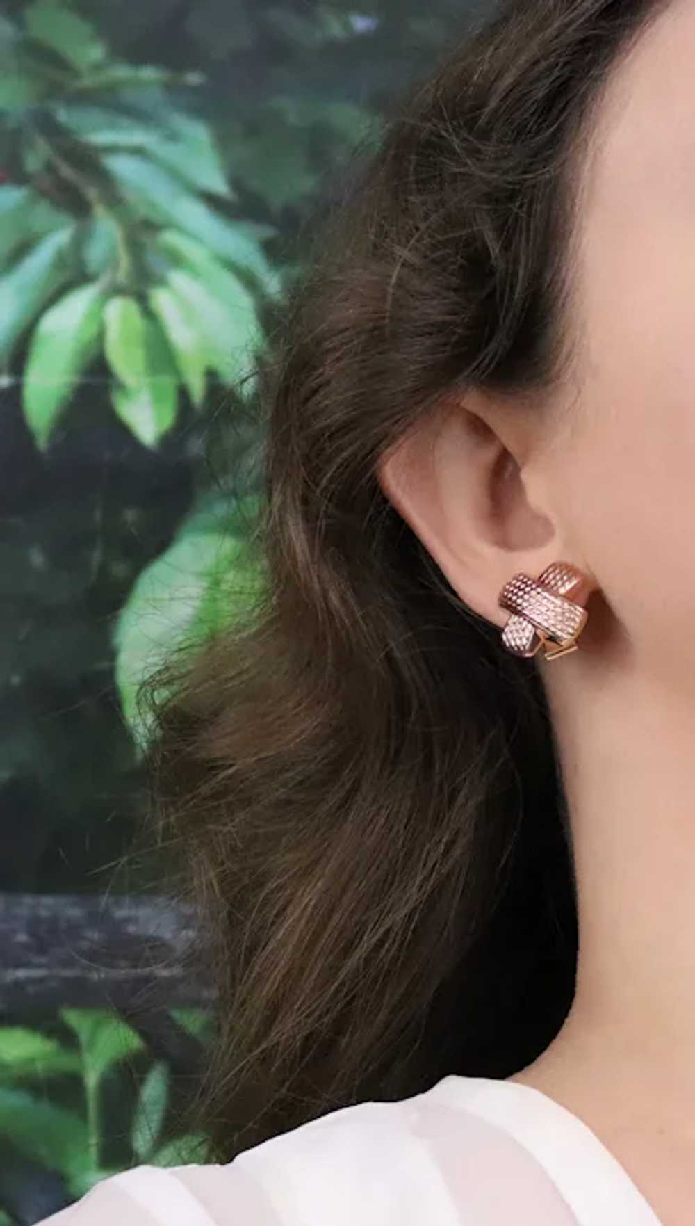14k Rose Gold Textured X Earrings Stud Post Omega… - image 2