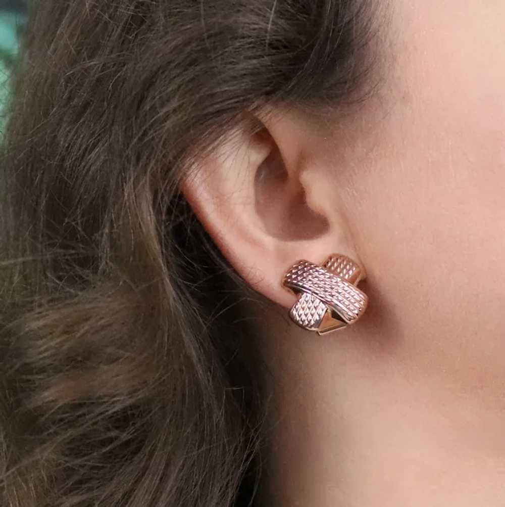 14k Rose Gold Textured X Earrings Stud Post Omega… - image 3