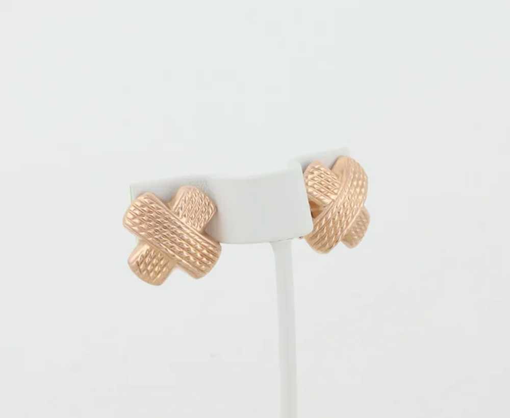 14k Rose Gold Textured X Earrings Stud Post Omega… - image 4
