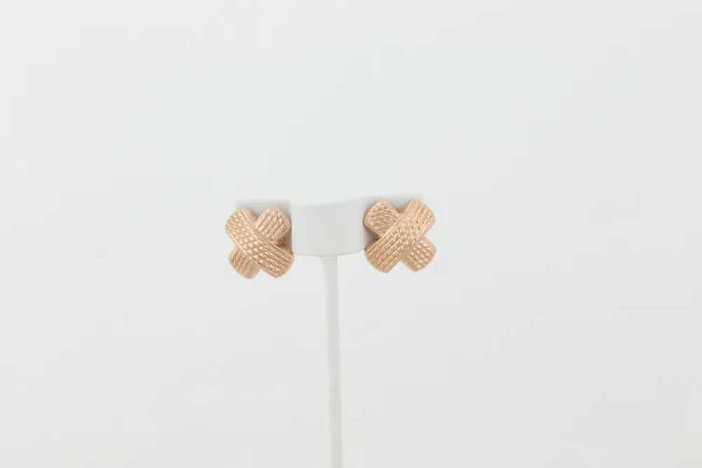 14k Rose Gold Textured X Earrings Stud Post Omega… - image 5