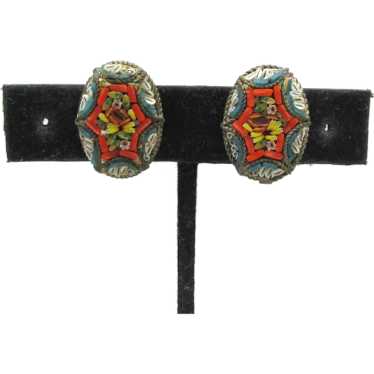 Oval Shaped Pietra Dura Screwback Earrings - image 1